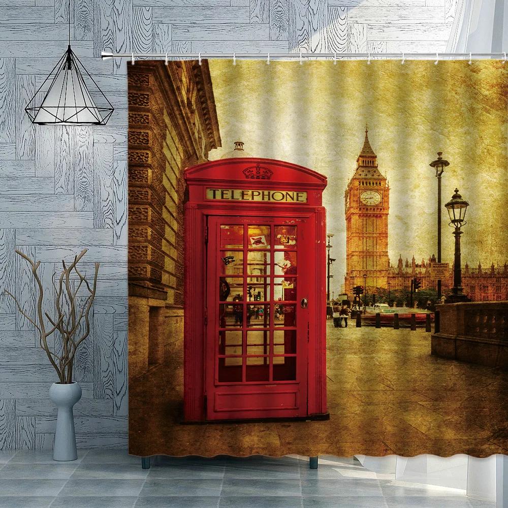London Big Ben Rote Telefonzelle Retro Badezimmer Duschvorhang Wasserdicht Polyesterstoff Heimdekoration Kunst Badezimmer Vorhänge
