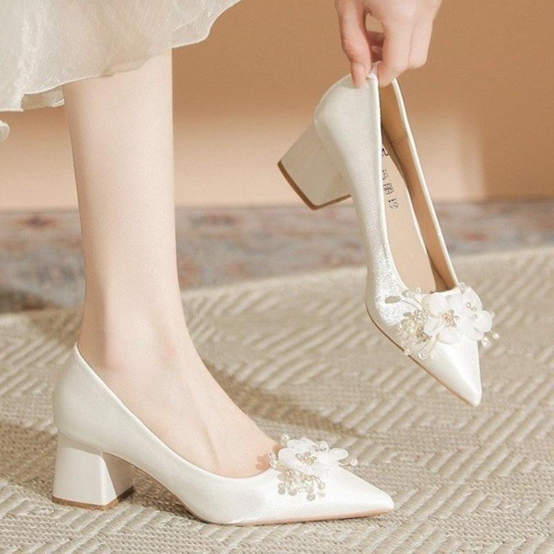 High Heels Spring Summer 2025 New Pearl Elegant Fairy Shoes with Soft Soles and High-grade Champagne Women's Shoes Thick Heel