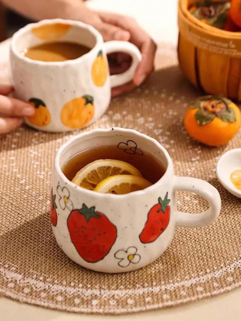 Hand-Painted Ceramic Mug – Strawberry Main Design with 3 Fruit Patterns, 300ml Artisan Coffee & Tea Cup