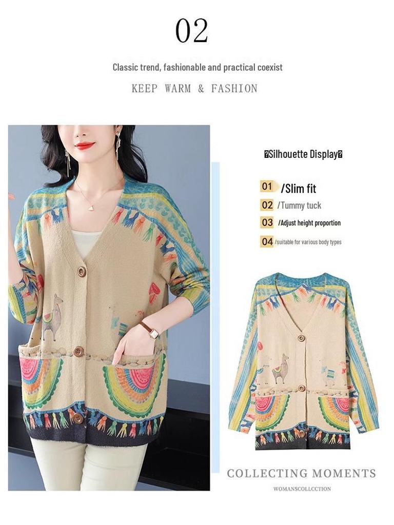 2024 Autumn/Winter V-Neck Mink Velvet Printed Loose Casual Single-breasted Coat