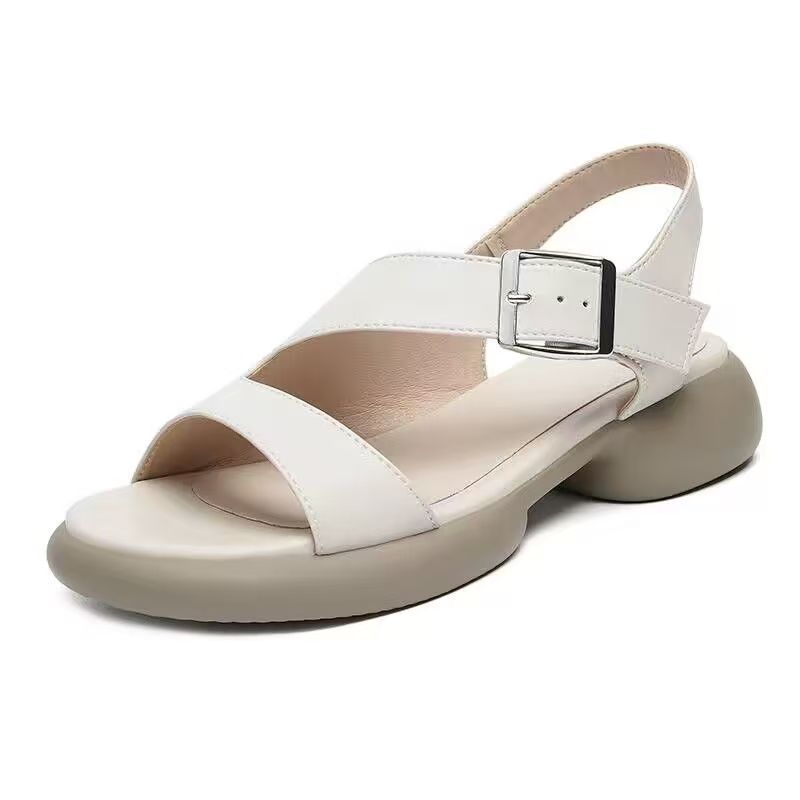 Women's Summer New Leather Hollow Out Block Heel Sandals Thick Sole Non Slip Open Toe Lightweight Buckle Strap Casual Sandals