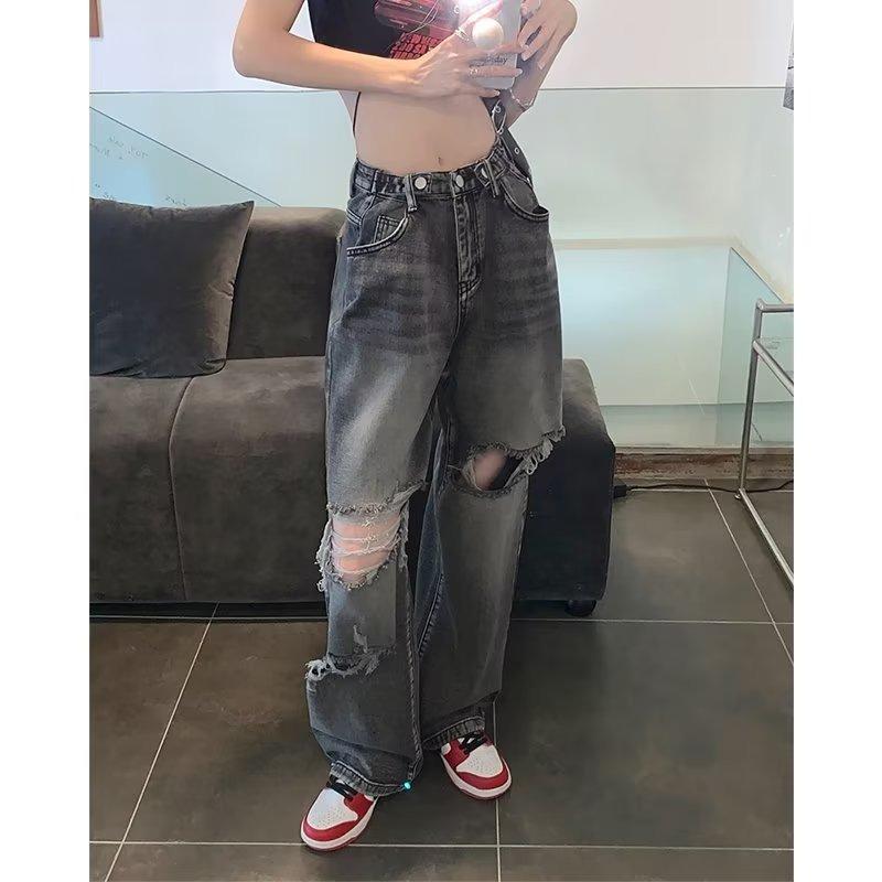 American Retro High-Waist Women s Ripped Straight-Leg Jeans M
