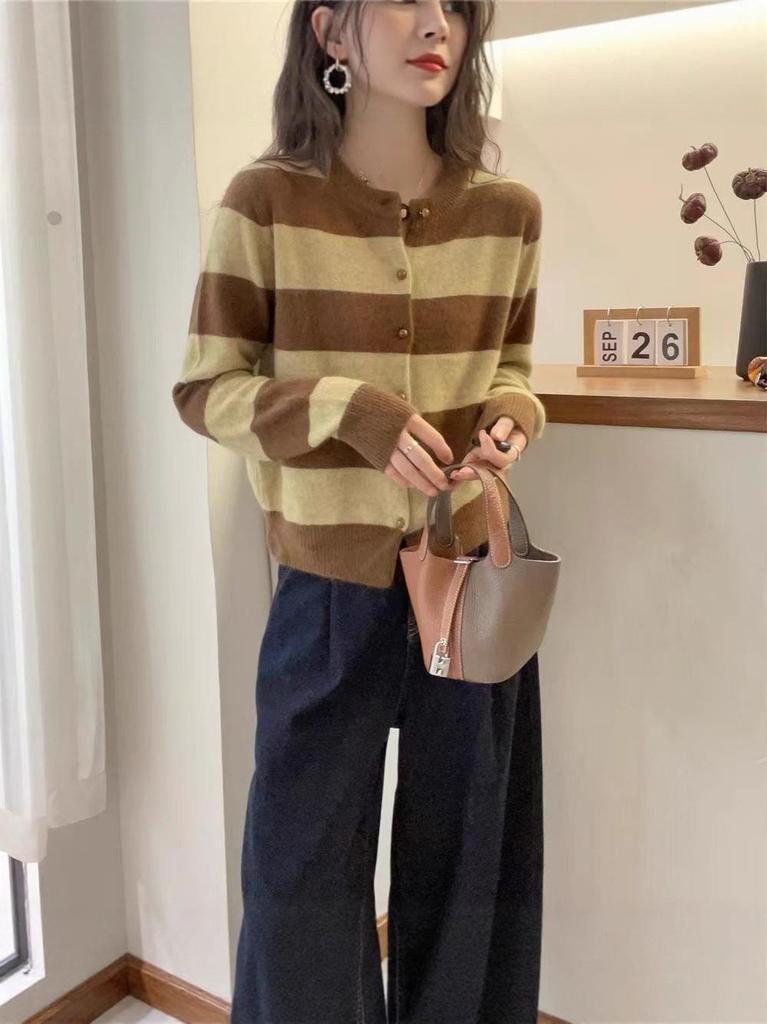 Women's Wool Knit Cardigan Sweater - Autumn/Winter, Loose Fit, Contrasting Stripes, Round Neck, Color Block Design.