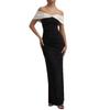 Women Black Off Shoulder Maxi Dress with White Cross Strap Ruched Bodycon Evening Dress
