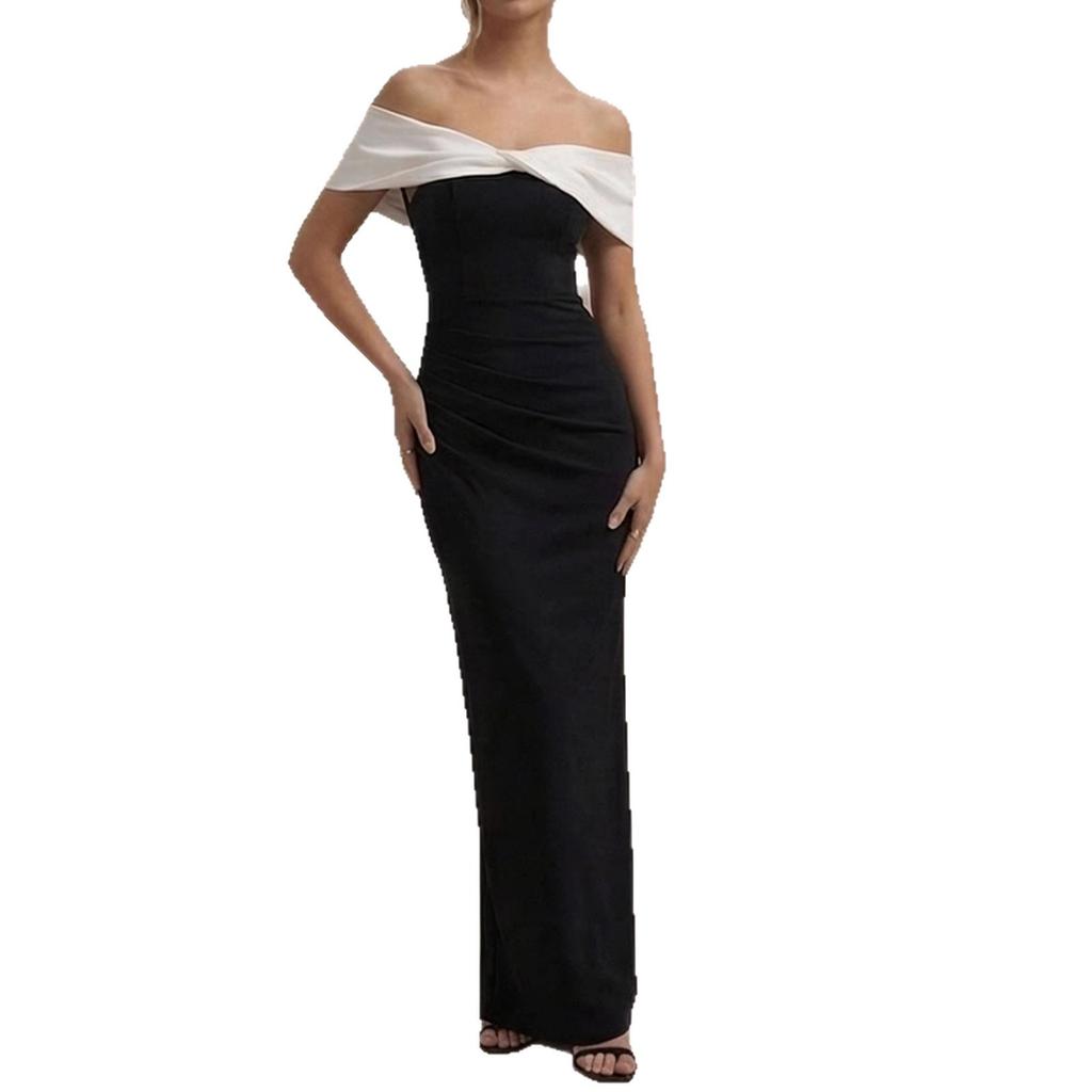 Women Black Off Shoulder Maxi Dress with White Cross Strap Ruched Bodycon Evening Dress
