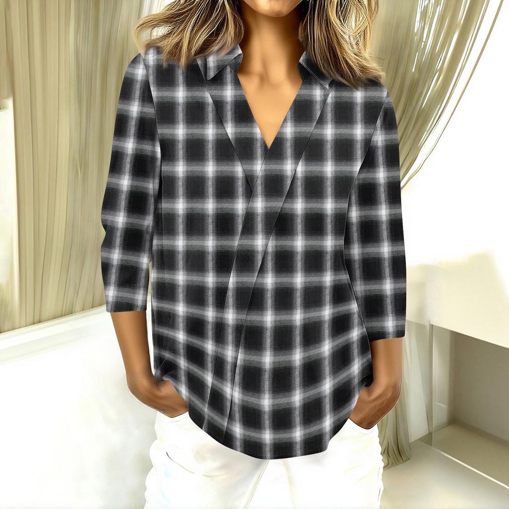 3/4 Length Sleeve Womens Tops V Neck Shirts Trendy Printed Business Casual Work Blouses