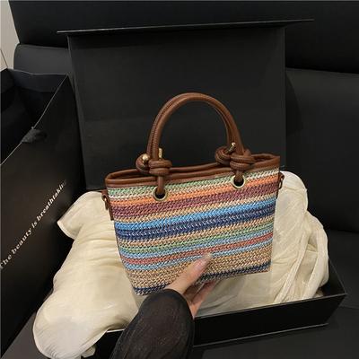 Bolsa balde portátil feminina bolsa de verão nova trançada em palha bolsa de ombro contrastante bolsa mensageira da moda