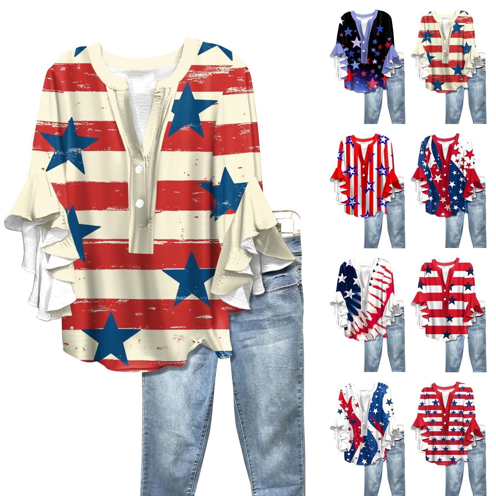 

Summer Women s Tops V Neck Seven Sleeve Shirt Independence Day Printed Tops Casual Shirt XXL