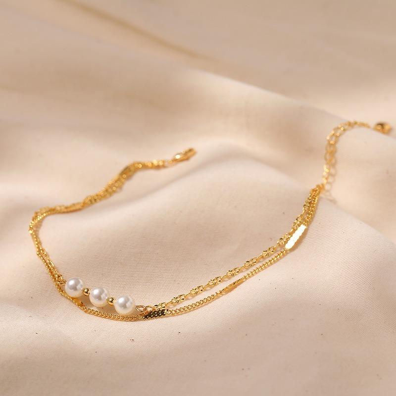 Double Layer Stacked 18k Gold Plated Pearl Anklet Women Minimalist Foot Jewelry