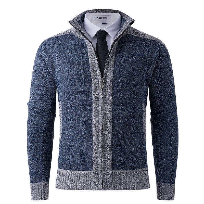 2025 Men's Solid Color Knit Zipper Cardigan - Thick Plus Velvet Coat for Autumn & Winter