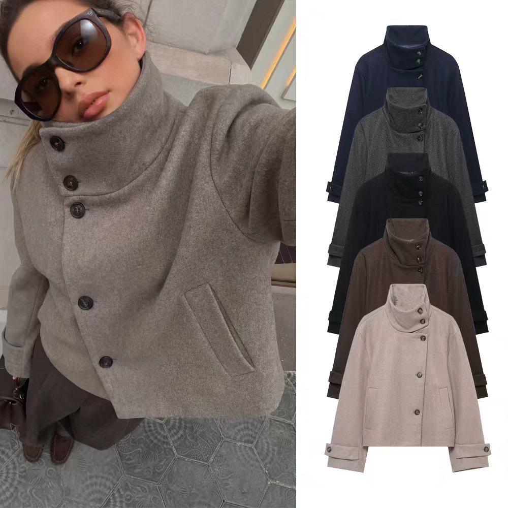 Women's Stand Collar Asymmetric Button Cropped Coat Solid Color Turn Cuff Patch Pockets Loose Fit Casual Outerwear