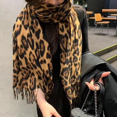New Leopard Print Wool Scarf Winter Warm Cozy Korean Fashion Casual Faux Cashmere Tassel Neck Warmer Shawl Wrap
