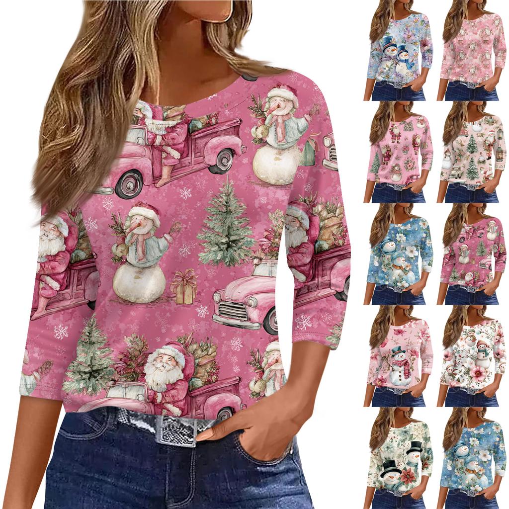 3/4 Length Sleeve Womens Tops Floral Print Vintage Fashion Casual Loose With Round Neck Plus Size Shirts