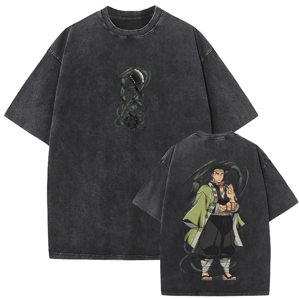 Demon Slayer Tanjiro Kamado (Kagura du Soleil) T-shirt Graphique Vintage Lavé Double Face, T-shirt Oversize Streetwear Anime, Haut Décontracté Unisexe