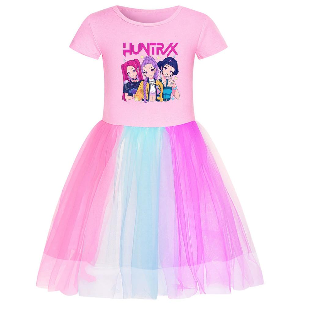 4183 Kids Girls Kpop Demon Rumi Zoey Mira Hunters Print Mesh Rainbow Dress 110cm розовый