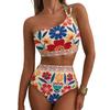 2026 Neues Damen High Waist Bikini-Set Ein Schulter Blumenmuster Badeanzug 2-teilig Bauch Badeanzug