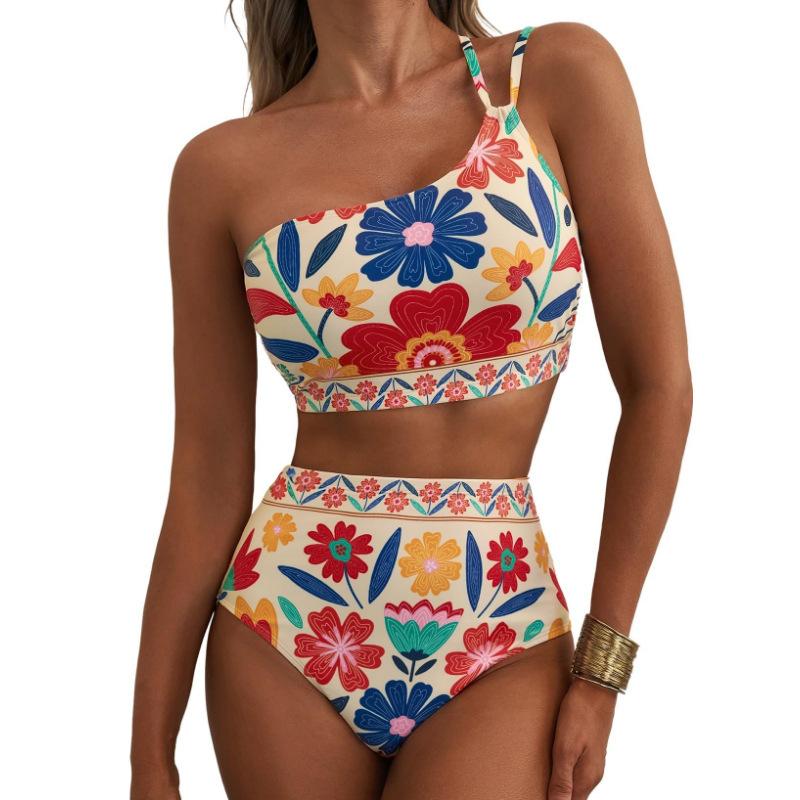 2026 Neues Damen High Waist Bikini-Set Ein Schulter Blumenmuster Badeanzug 2-teilig Bauch Badeanzug
