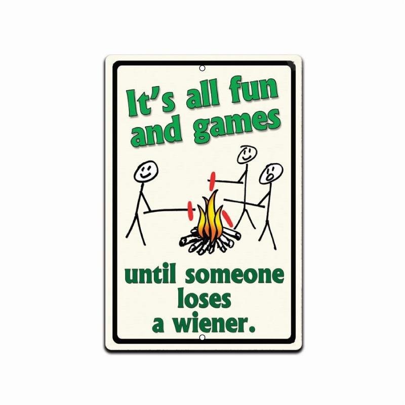 Funny Camping Quote Metal Sign, Vintage Outdoor Cabin Decor with Sausage Humor