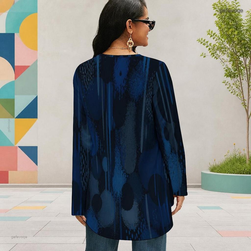 Women Plus Size Round Neck Long Sleeve Dark Blue Printed Loose High Low Hem Shirt