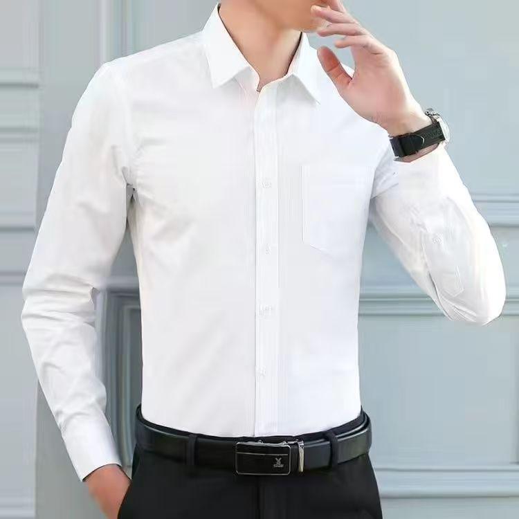Men's 2025 Non-Iron Plus Size White Korean Style Business Casual Slim Fit Long Sleeve Shirt