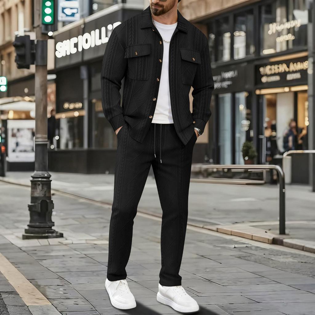 Men's Double Pocket Lapel Jacket Casual Sports Long Sleeve Jacket Pants Set