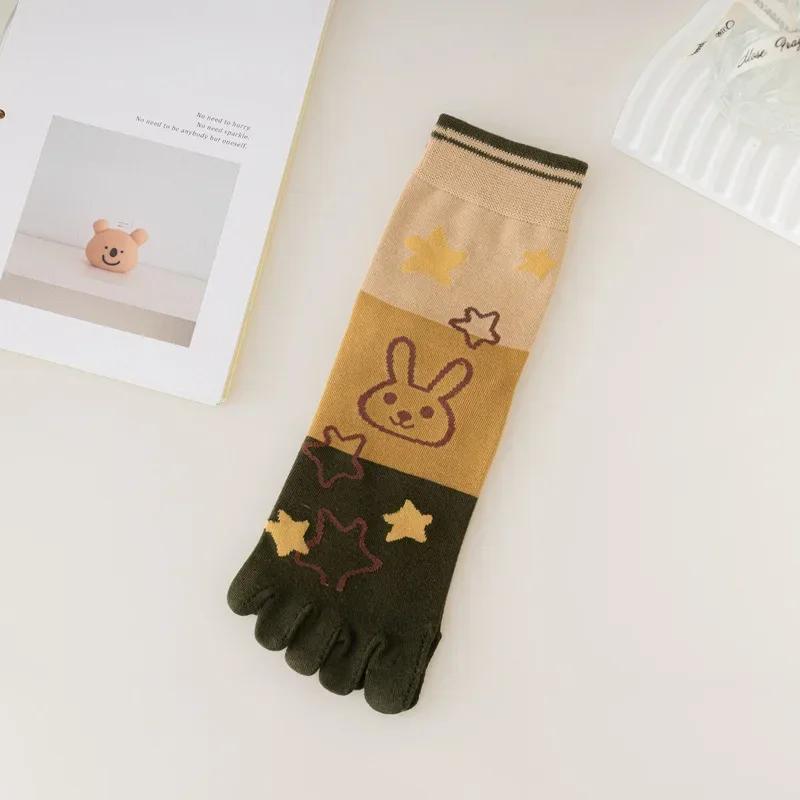 Nouveaux chaussettes mi-mollet respirantes absorbant la sueur à cinq doigts pour femmes, chaussettes à orteils séparés, chaussettes étudiantes mignonnes de dessin animé pour filles