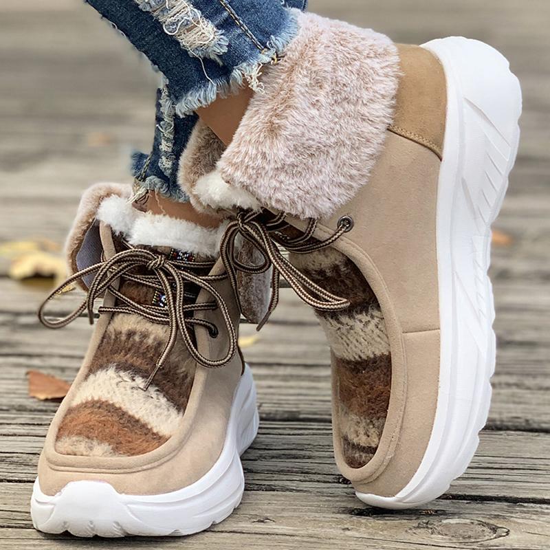 Mode Dickes Plüsch Warme Winterschuhe für Damen 2024 Mode Schnürung Kunstfell Stiefeletten Frau Mix Farbe Plateau Schneestiefel Übergröße