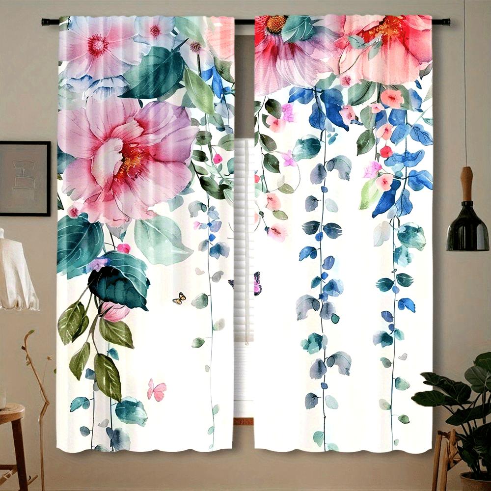 2pcs Semi-Transparent Yellow Sunflower Print Curtains Rod Pocket Design for Bedroom Office Kitchen & Living Room Window Decor