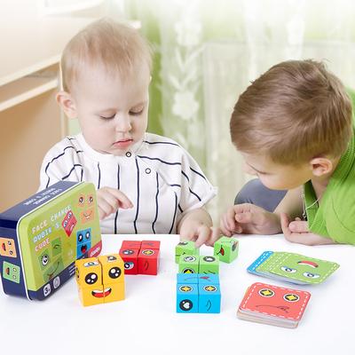 (Joy choose)Wooden Expressions Toy Wooden  Cubes Face Pattern Building  Educational Montessori Toys