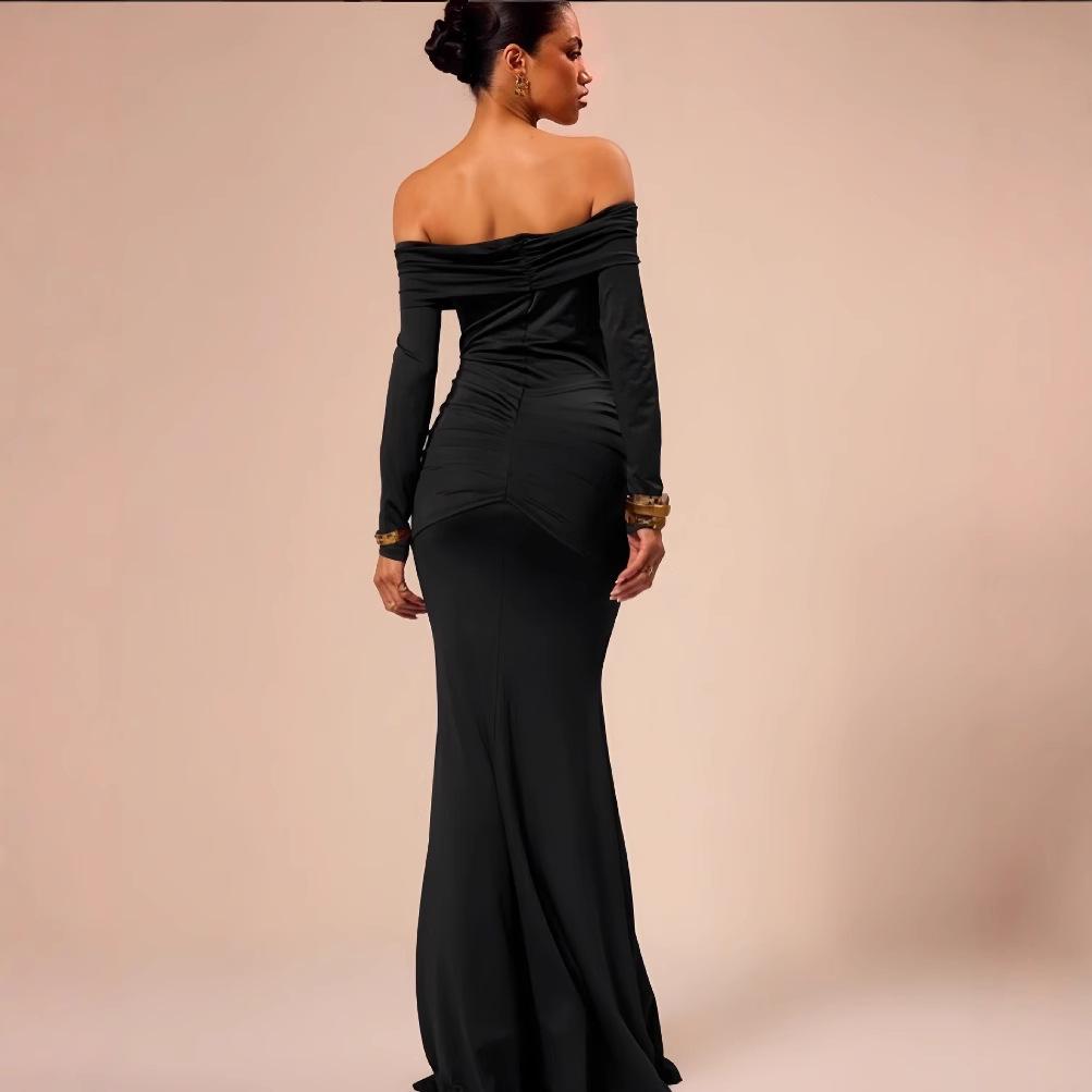 2025 Spring European & American Women's Solid Color One-Shoulder Long Sleeve Slim Fit Dress