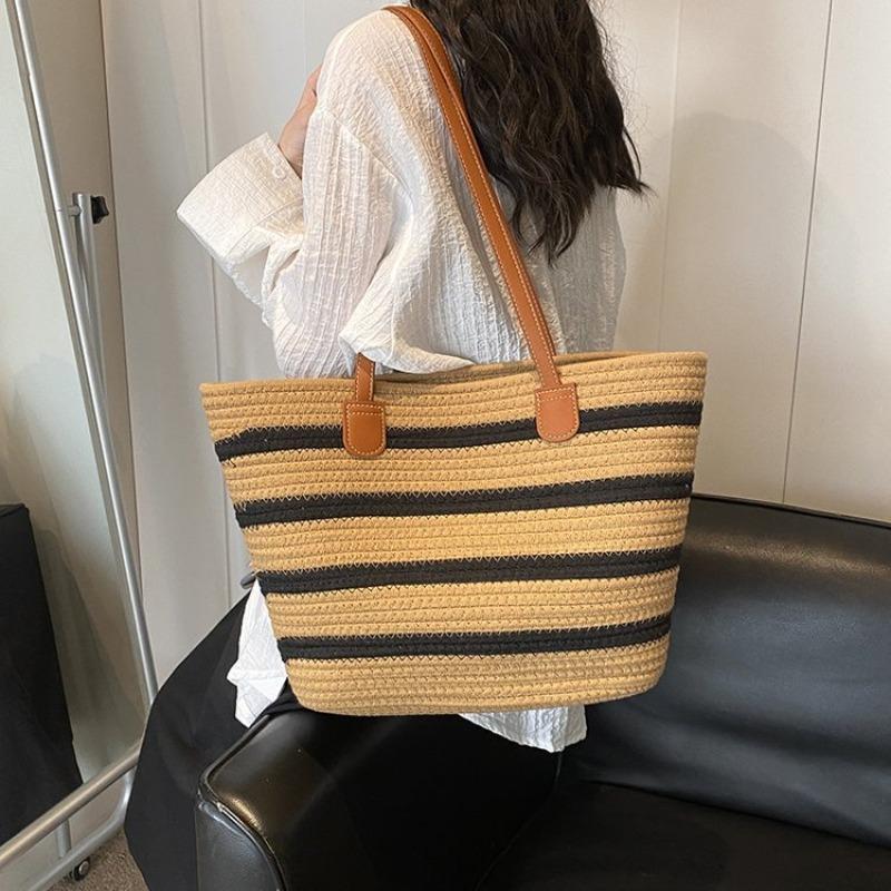 Versatile Shoulder Striped Straw Bag Women's Cotton Thread Zipper Woven Bag Large Capacity Tote Bag Seaside Vacation Beach Bag