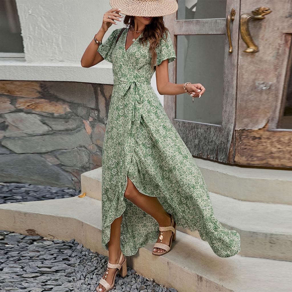 Women's Summer Floral High Waist Bohemian Dress Casual Hawaiian Flowing V Neck Holiday Dress