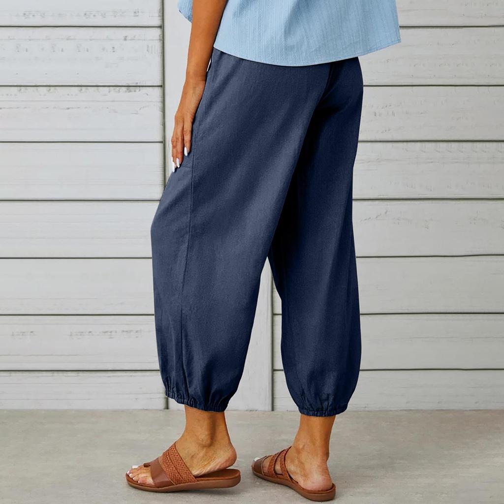2023 Women's High-Waist Cotton Linen Wide-Leg Pants with Button Detail
