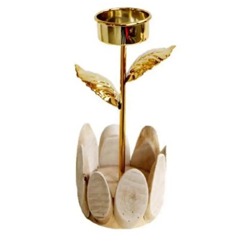Metal Candle Holder Stand Candlestick Christmas Golden Rose Floral Wooden Base Wedding Table Decoration Home Desk Decor