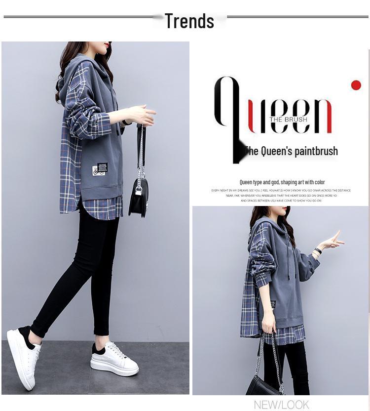 Spring Autumn Women's Loose Hooded Sweatshirt Long-Sleeve Fake Two-Piece Top