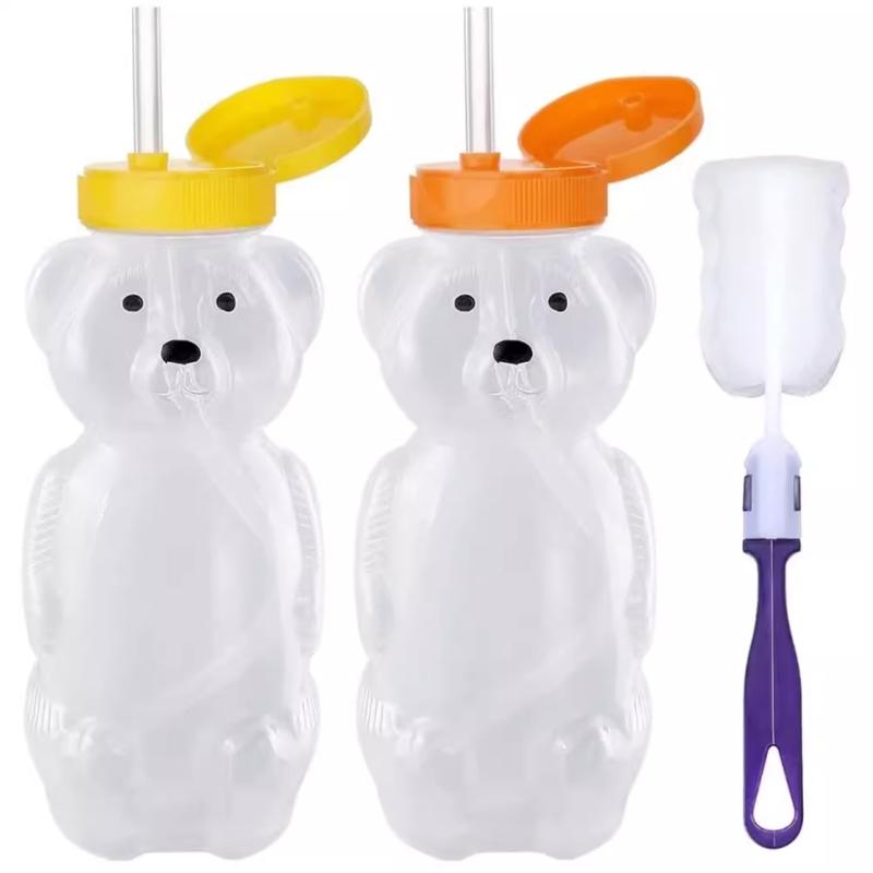 Cute Bear Shaped Bottle Plastic Drink Container Cartoon Honey Bear Straw Cup with Flexible Straws for Milk Juice Honey Storage