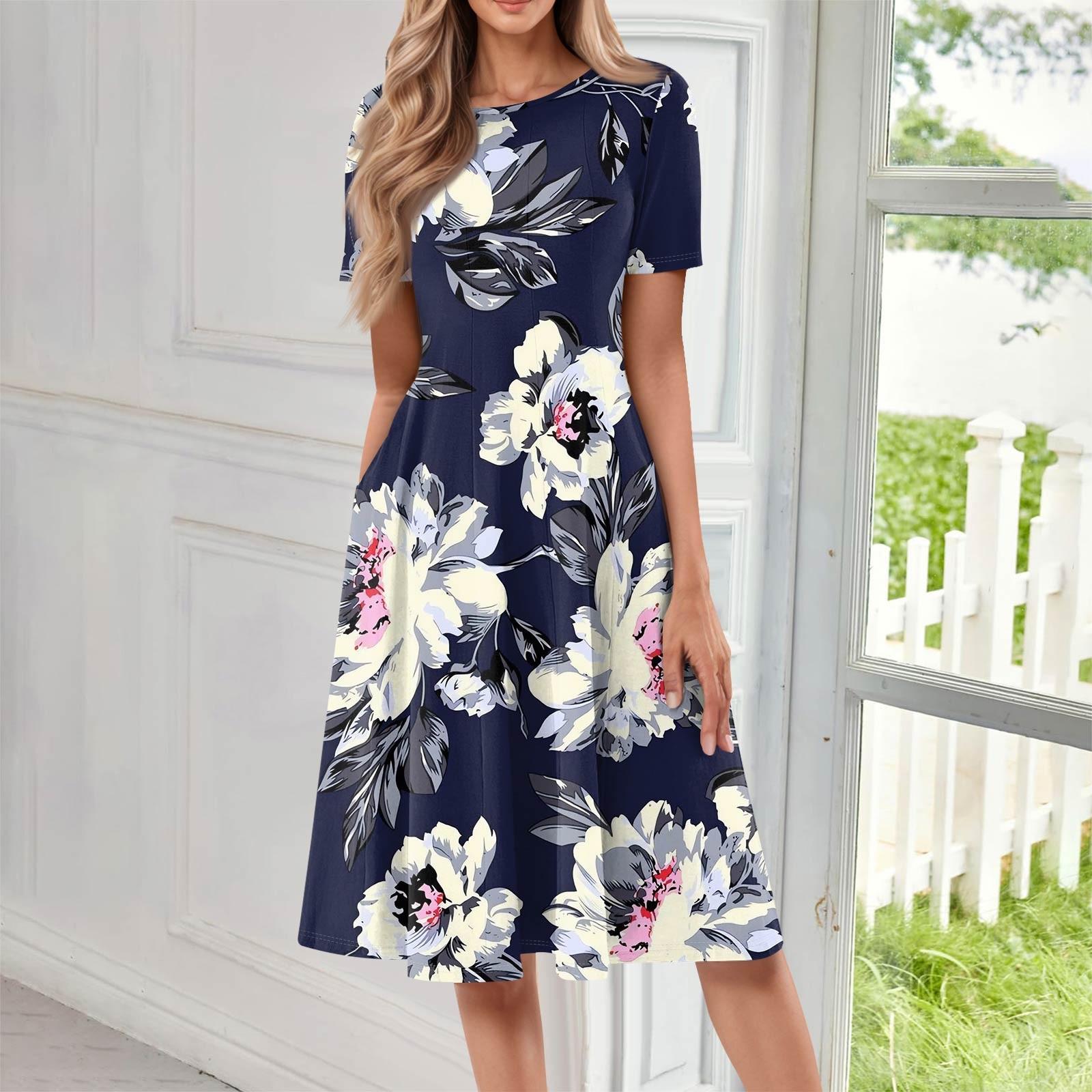 Women s Floral Print Midi Dress Short Sleeve Casual A-Line Dress with Pockets Elegant Summer Party Wear L