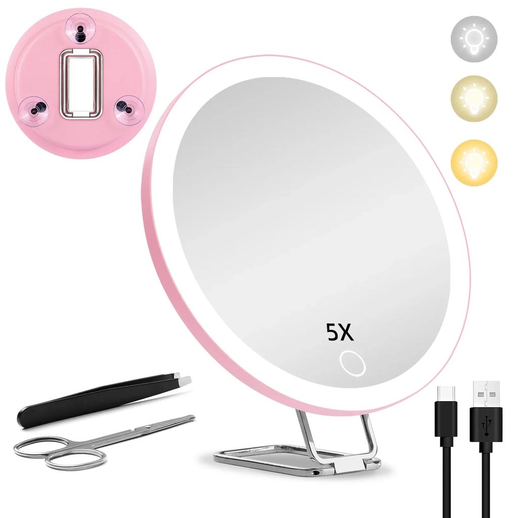 6 Inch Magnifying Mirror with Light 5-30X Portable Travel Magnified Mirror with 360° Adjustable Stand and Suction Cup