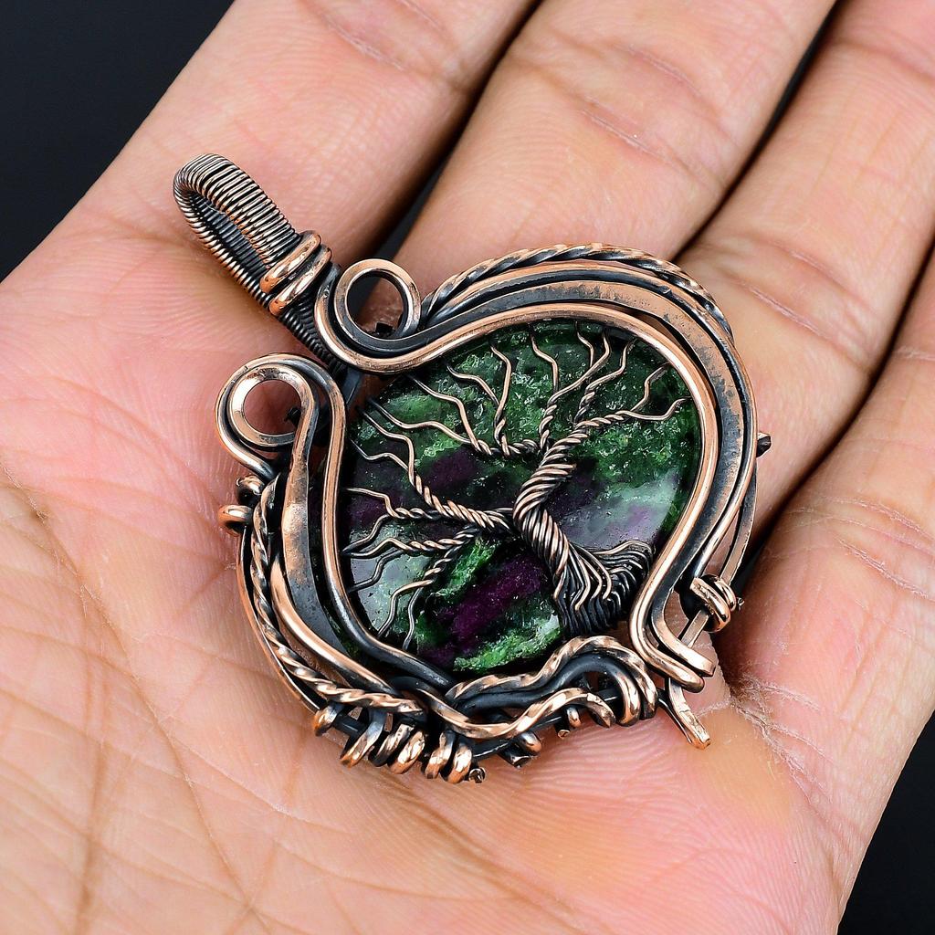Tree Of Life Ruby in Zoisite Pendant, Handmade Gemstone 999 Copper Wire Wrap Pendant Antique Jewelry, For Gift Copper Jewelry