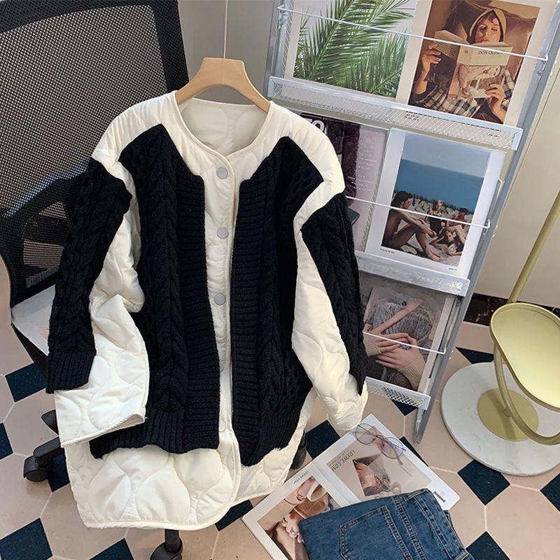 Dimanaf Maglioni Inverno 2024 Cappotto Patchwork Imbottito Bottoni Giacca Lavorata a Maglia Finto Due Pezzi Maglione Largo