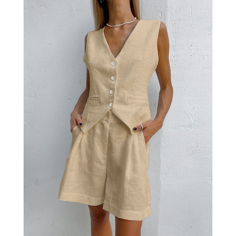 Suit European and American Design Cotton and Linen Suit Vest Set Women clothes Summer Leisure Sleeveless Vest Shorts Two-piece Set