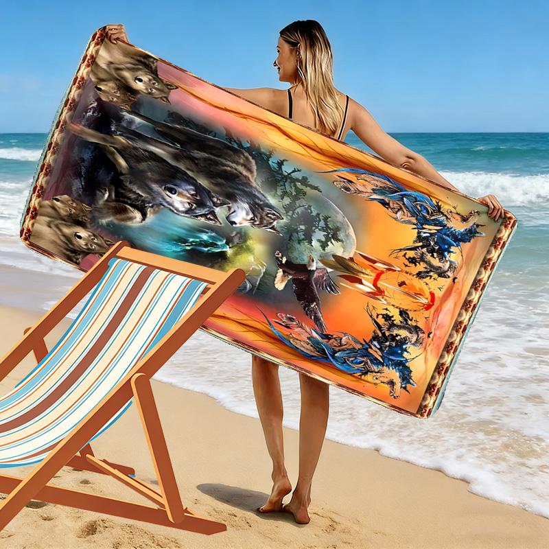 Indian Wolf Print Beach Towel, Large Soft Quick Dry Towel for Beach Camping Swimming