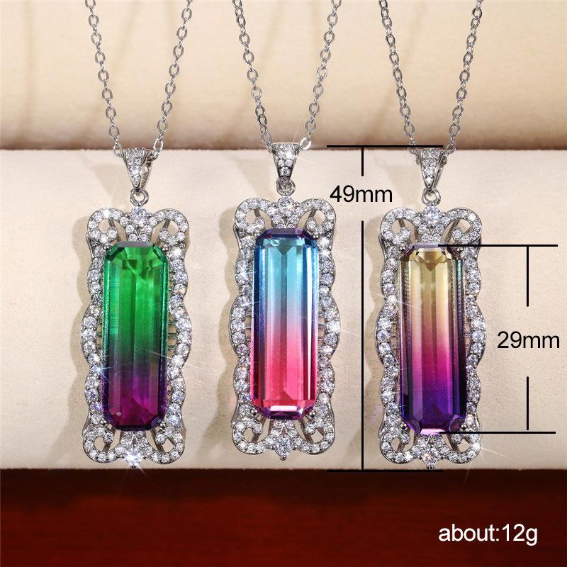 Silver Plated Baguette Cut Gradient CZ Pendant Necklace, Ornate Scrollwork Frame Cable Chain Necklace for Women