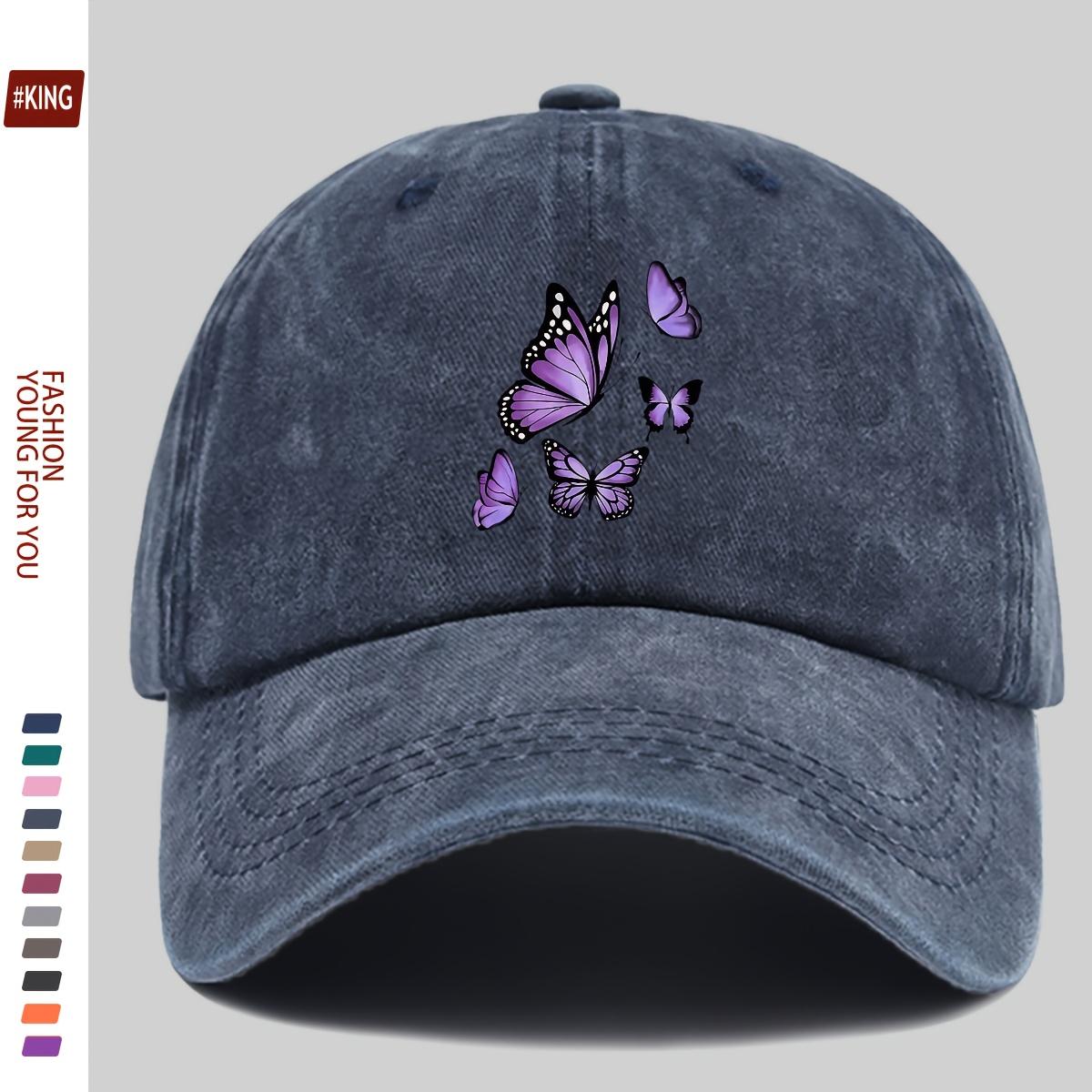 

New Simple Versatile Butterfly Print Washed Vintage Soft Top Sunshade Baseball Cap Unisex Baseball Cap One Size темно-синього кольору