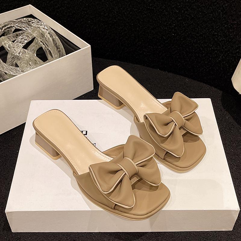 Aphixta 2025 Neue Sommer 4,5cm Quadratabsatz Pantoletten Süße Damenschuhe Schmetterlingsknoten-Design Quadratische Zehenpartie Pantoletten Sandalen Klassische Schuhe