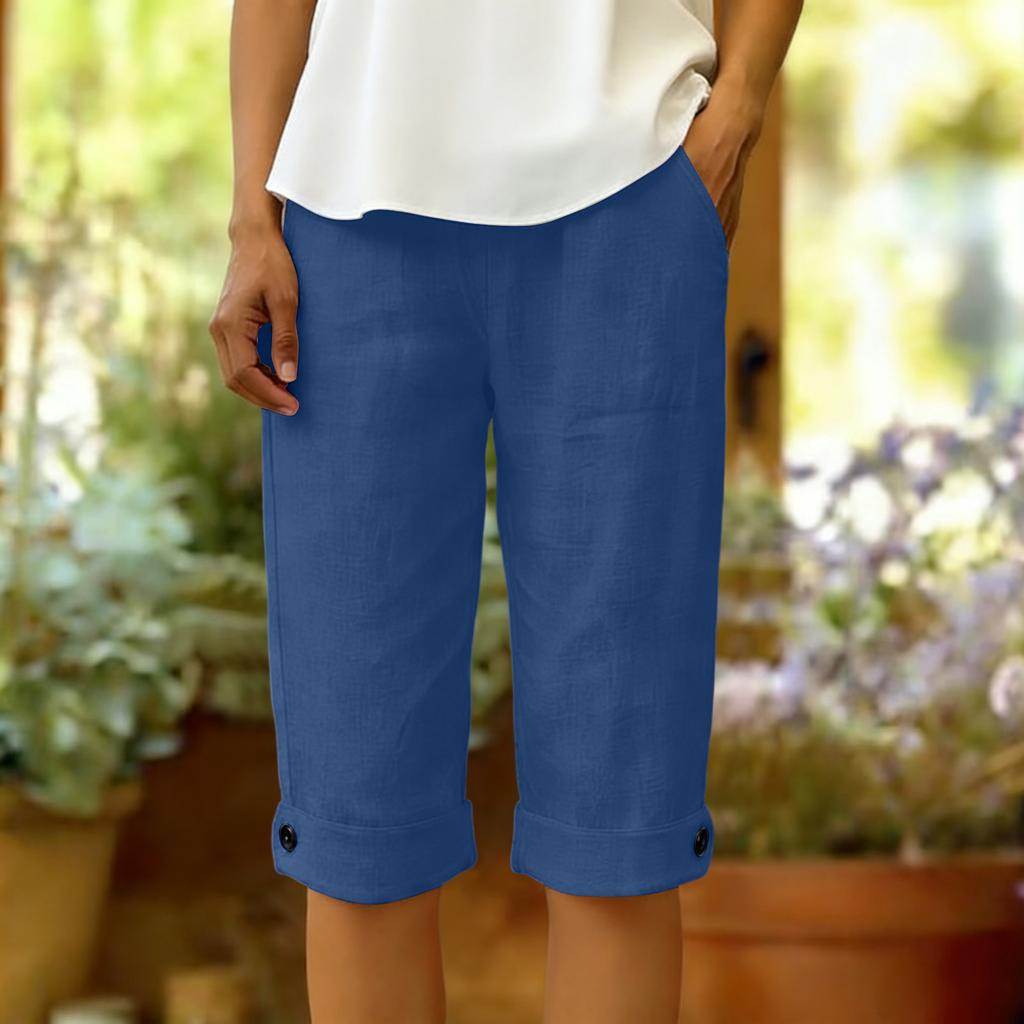 Women's Fashion  Color Pocket Five-Foot Loose Elastic Waist Cotton Linen Shorts