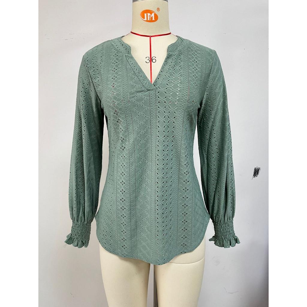 Solid Color Hollow Out Shirred Ruffle Sleeve V Neck Loose Long Sleeve Top for Women European American Crossborder Fashion