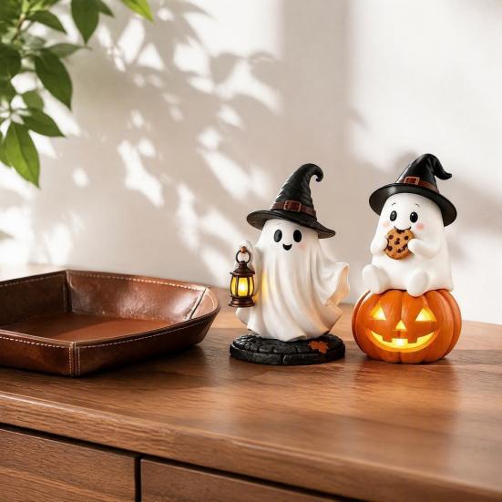 Indoor Decorative Light Lighted Halloween Ghost Figurine, Spooky Resin Witch on Pumpkin/Holding Lantern Desktop Ornament Statue with LED for Bookshelf
