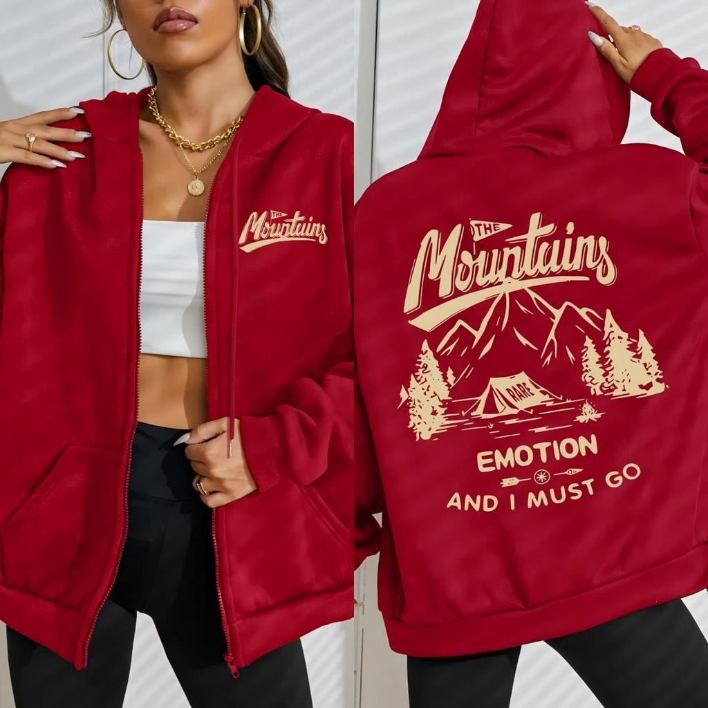 Berge Gehen Campen Emotion Print Reißverschluss-Hoodies Damen Fleece-Hoodie Herbst Lockerer Kapuzenpullover Lässige Übergroße Kleidung