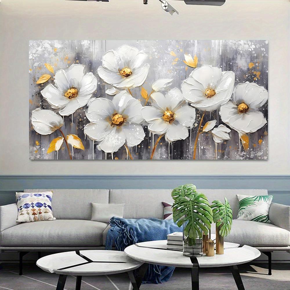 Abstract White Flower Oil Painting Printed On Canvas Golden Floral Flower Posters and Prints for Living Room Wall Decor Cuadros